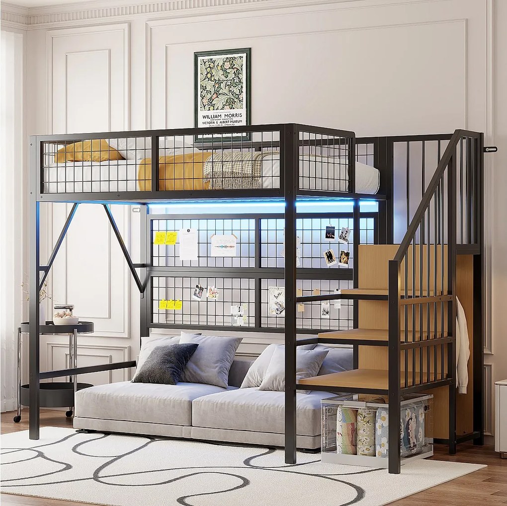 Łóżko piętrowe metalowe dla dzieci - 90 x 200 cm - z szafą + oświetleniem LED + schowkiem w schodach - MDF + Metal - czarne