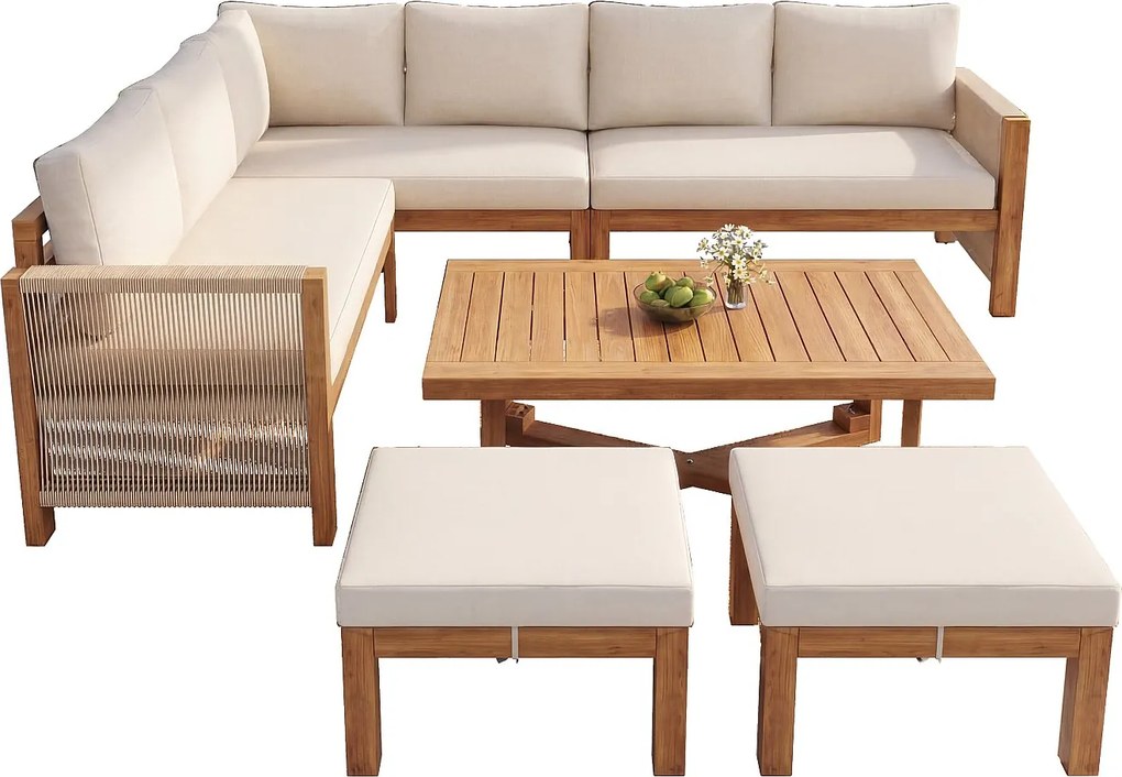 Zestaw mebli ogrodowych modułowych 6-osobowy - sofa + stół + poduszki + 2 stołki - drewno akacjowe - beż