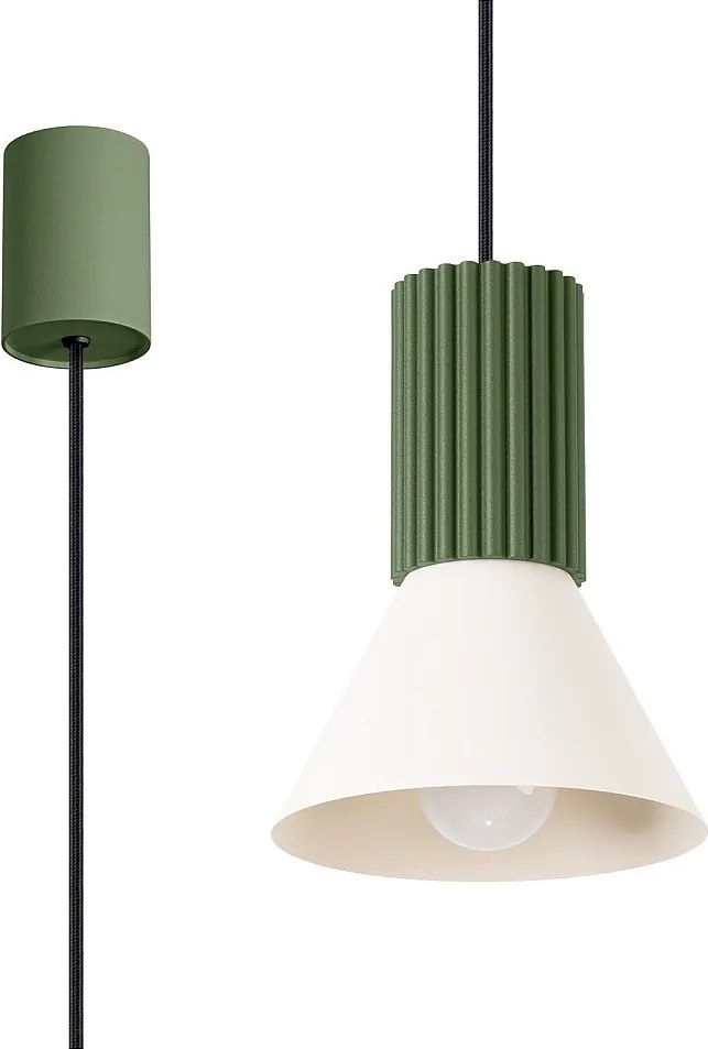 Lampa wisząca loft Estria, stal/aluminium - 1 źródło - L.14 x H.120 cm - beżowy/zielony oliwkowy