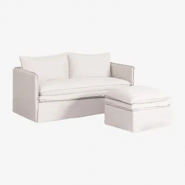 Zestaw Do Salonu Z Dwuosobową Sofą I Pufą Z Lnu I Bawełny Grace Tkaniny Distressed White - Sklum