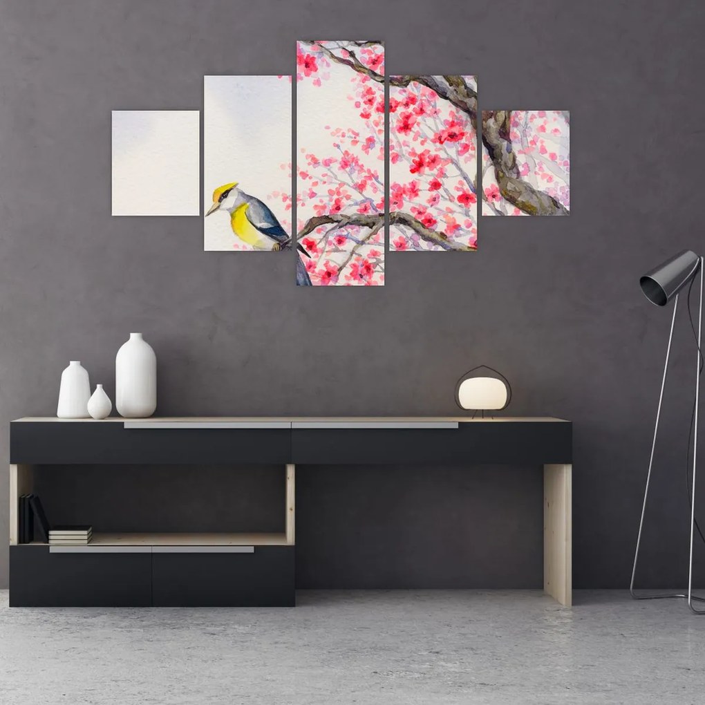 Obraz - ptak na drzewie z czerwonymi kwiatami (125x70 cm)