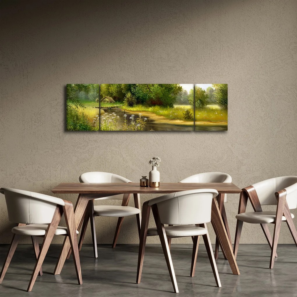 Obraz - Rzeka przy lesie, obraz olejny (170x50 cm)