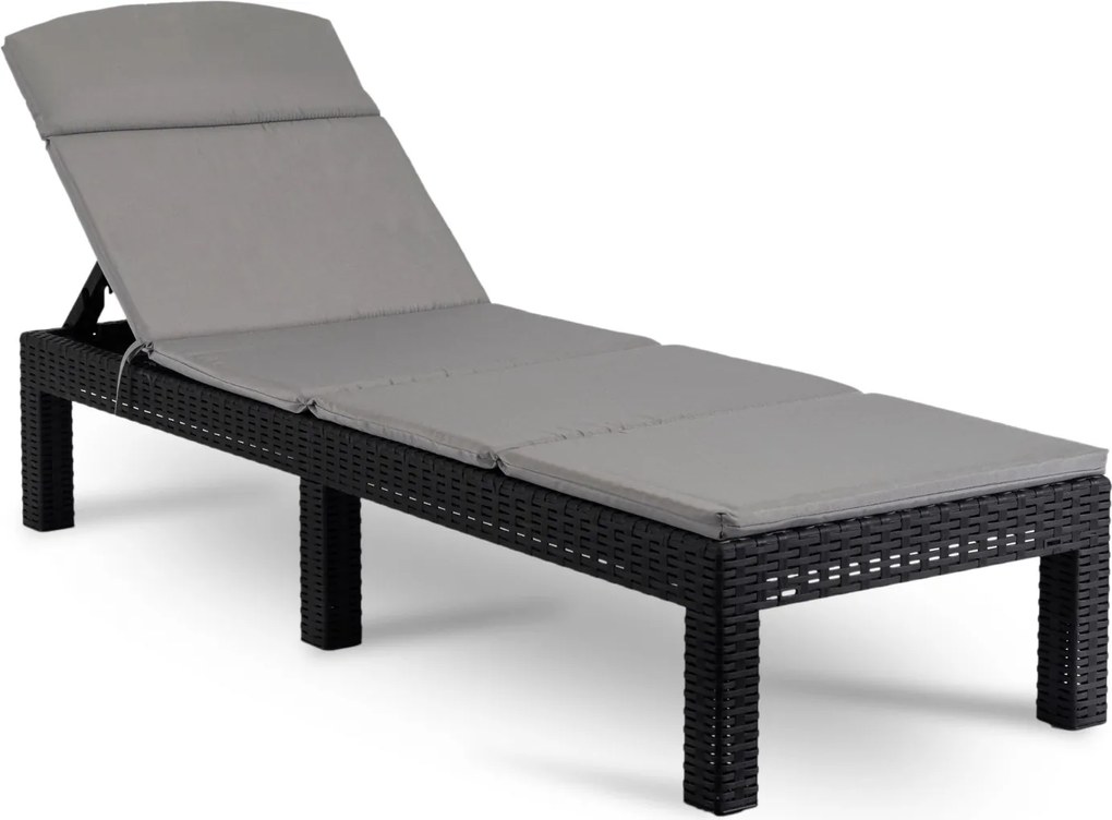 Regulowany leżak ogrodowy składany Luizjana, technorattan z poduszką, czarny/szary