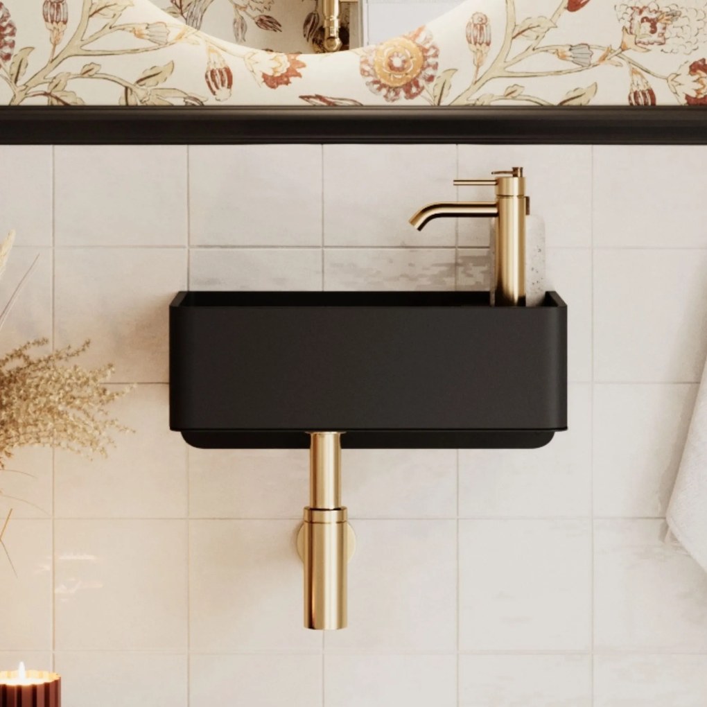 Umywalka z kamienia syntetycznego nablatowa / wisząca prostokątna czarna 43 cm x 25 cm EVELIA Black : Otwór na baterię - Tak, Typ montażu - podwieszana