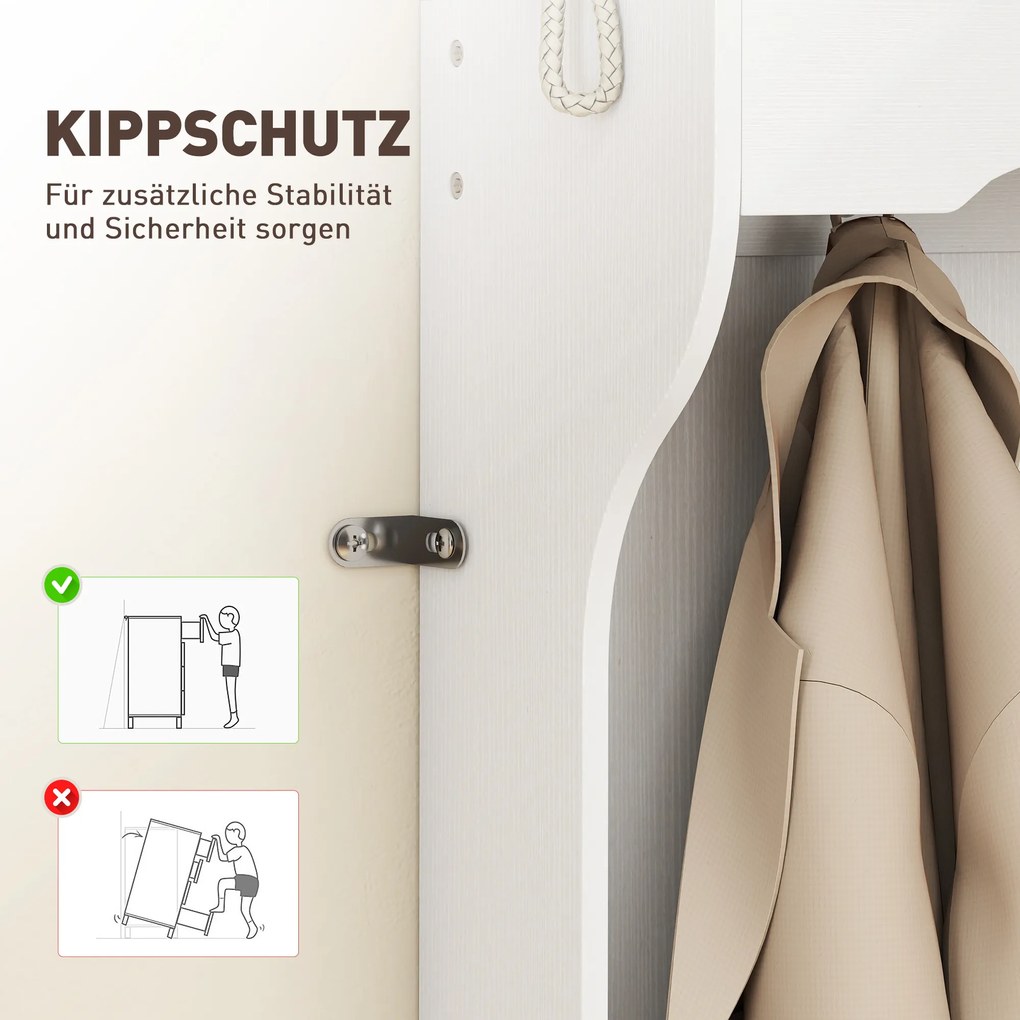 HOMCOM Wieszak z półką, ławką, hakami, schowkami na buty, płyta wiórowa, MDF, Biały