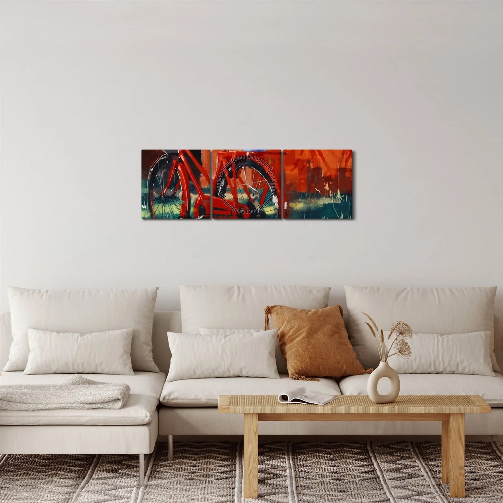 Obraz czerwonego koła, malowanie akrylowe (z zegarem) (90x30 cm)