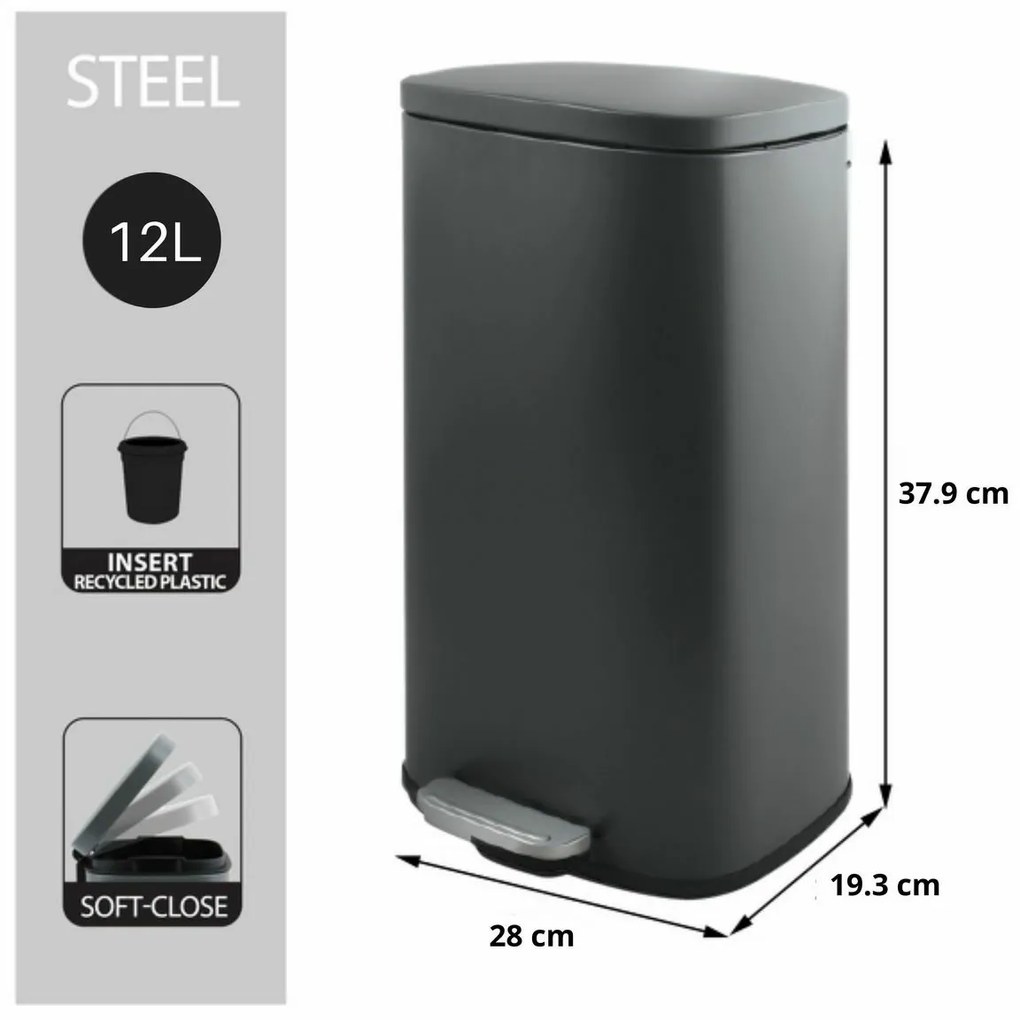 Spirella Kosz na śmieci z pedałem soft-close Akira 12 l, matowy szary, 12 l