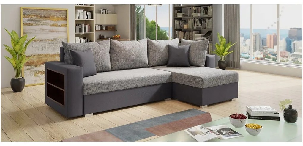 Sofa narożna KONGO, uniwersalny mebel z funkcją spania i praktyczną półką
