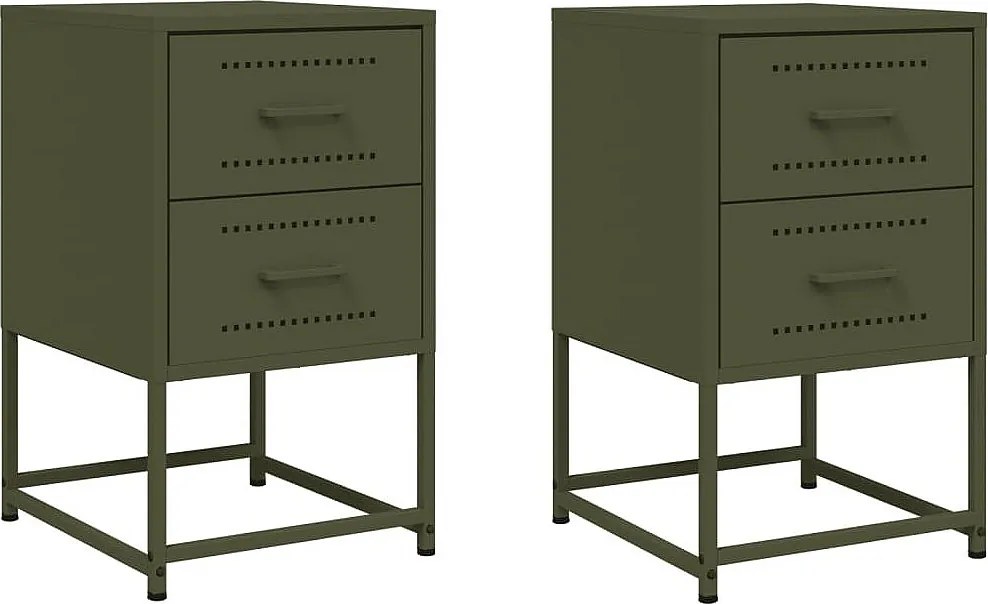 Zestaw 2 Szafek Nocnych Oliwkowo Zielonych ze Stali 36x39x60,5 cm Styl Industrialny, Wielofunkcyjne i Solidne