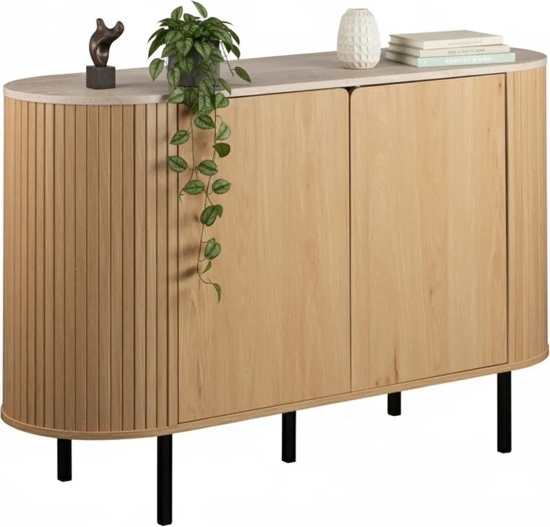 Owalna komoda do salonu ryflowana Fabia 120 cm, dąb/trawertyn