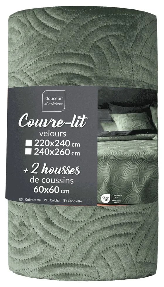 Zielony aksamitny zestaw narzuty na łóżko i poszewki na poduszkę 220x240 cm Solange – douceur d'intérieur