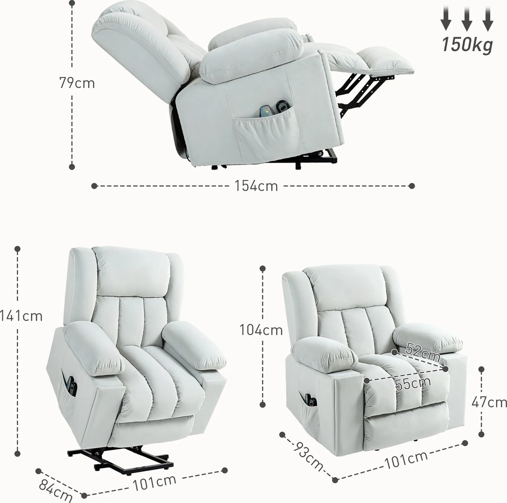 HOMCOM Elektryczny Fotel z Pomocą przy Wstawaniu, Miękki Aksamitny Materiał, Złącza USB