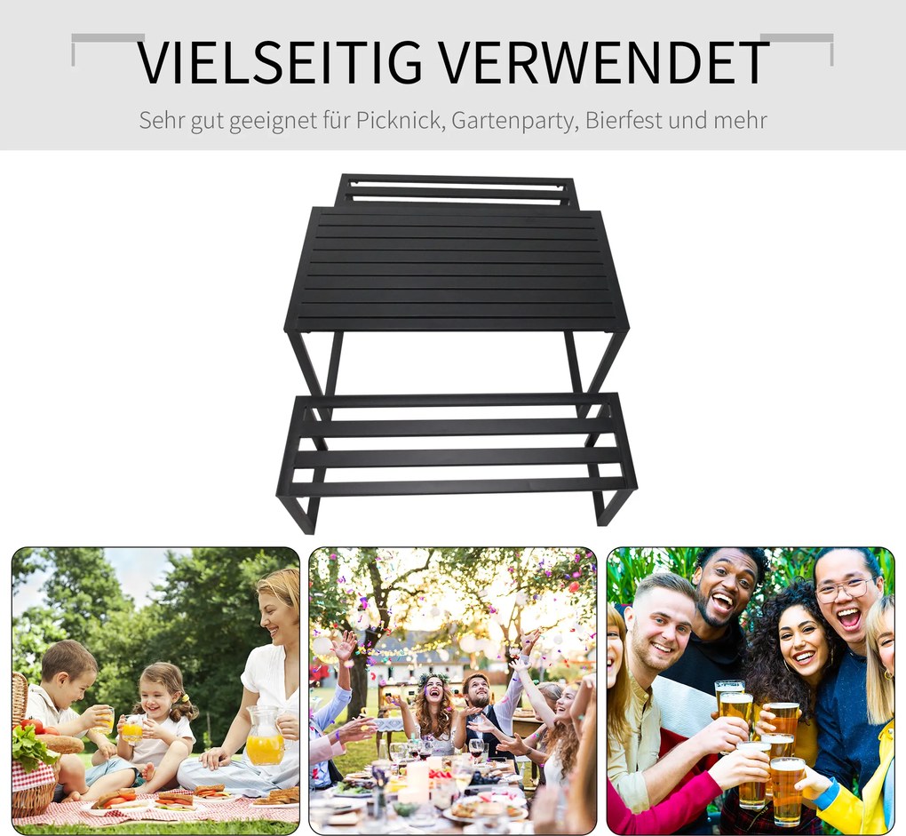 Outsunny Stylowy Zestaw Mebli Ogrodowych 3-częściowy - Stół i 2 Ławki, Metalowa Konstrukcja, Czarny Kolor, 110x55x70cm