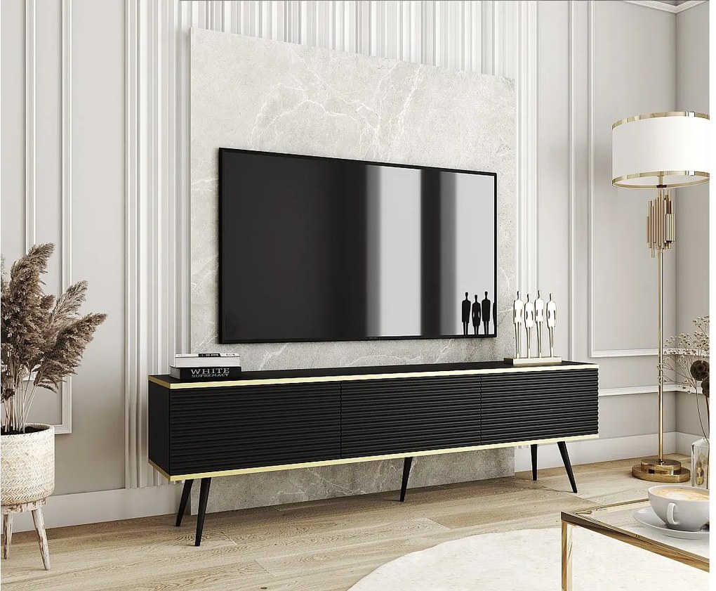 Szafka RTV z czarnymi listwami, czarne nóżki, 175 x 30 x 52 cm, Push to Open