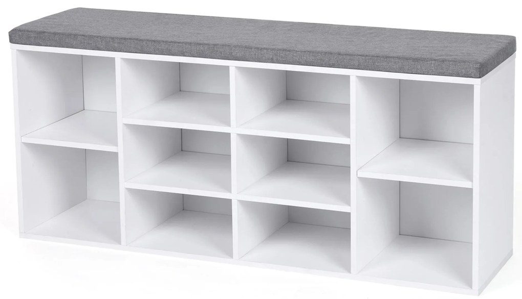 Szafka na buty z tapicerowaną ławką GABI, 10 przegródek, 104x30x48cm, szary/biały Jurhan