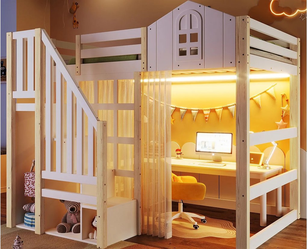 Łóżko na antresoli 90x200 cm - z oświetleniem LED - z drabiną schowkową - z przegrodami przechowawczymi - Biały + Naturalny