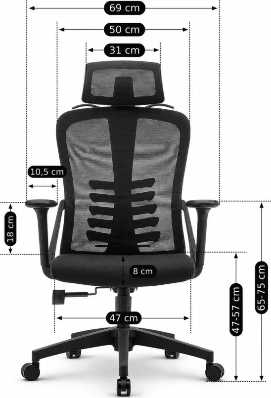 Ergonomiczny fotel burowy obrotowy Komoso – regulowany zagłówek, podłokietniki 3D