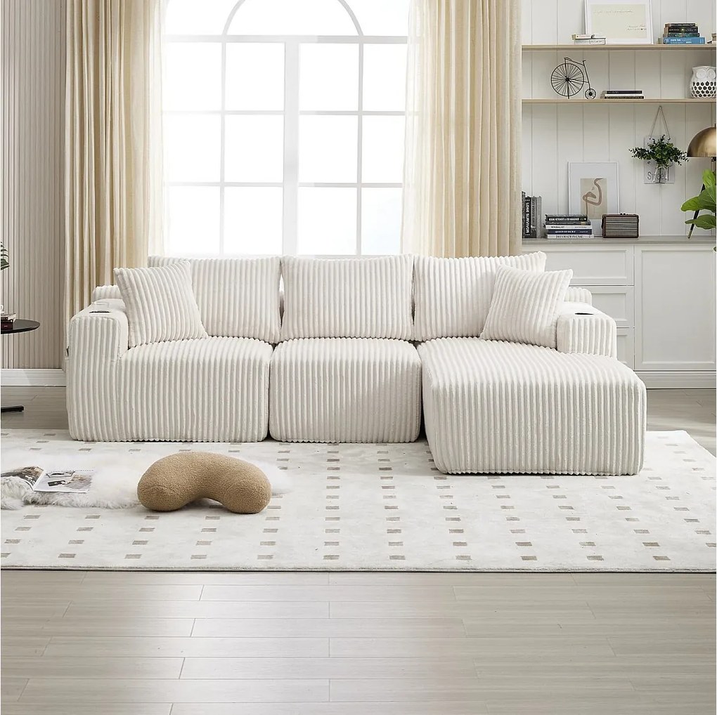 Sofa 3-osobowa, tapicerowana z kieszeniami bocznymi i uchwytami na kubki – beżowy sztruks