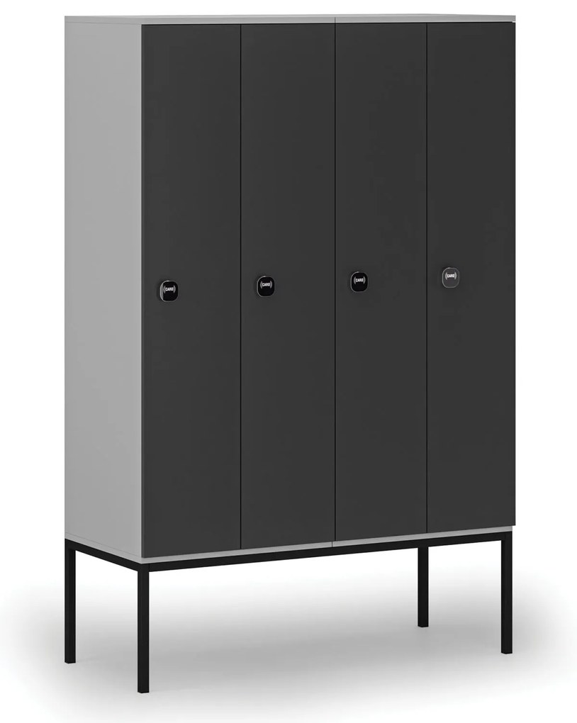 Drewniana szafa ubraniowa S4 z podstawą, 4-drzwiowa, 1871 x 1200 x 500 mm, demontaż, zamek RFID, szary/grafitowy
