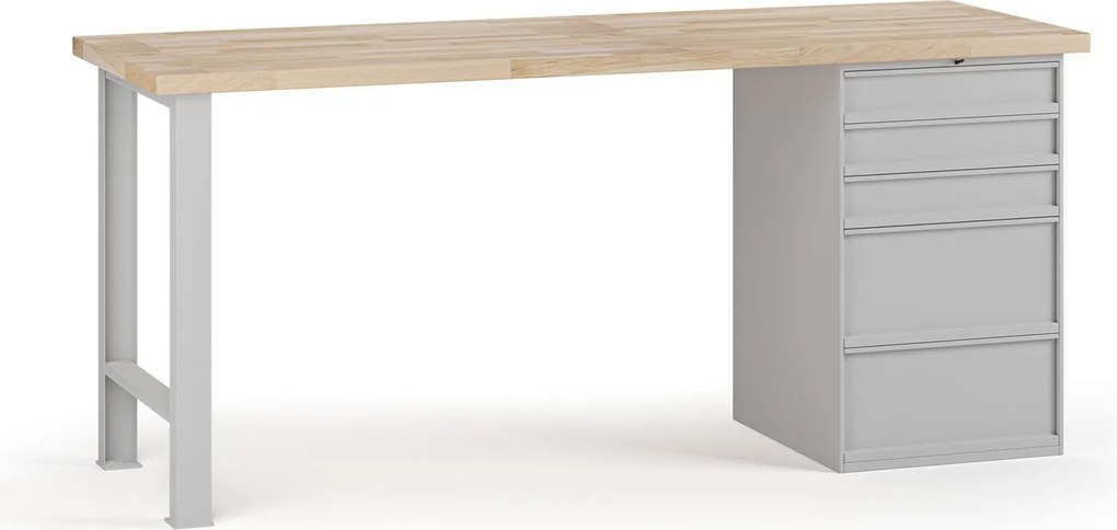 Stół warsztatowy G7, blat bukowy, 2000 x 800 x 840 mm, 1x kontener, 5x szuflada, szary