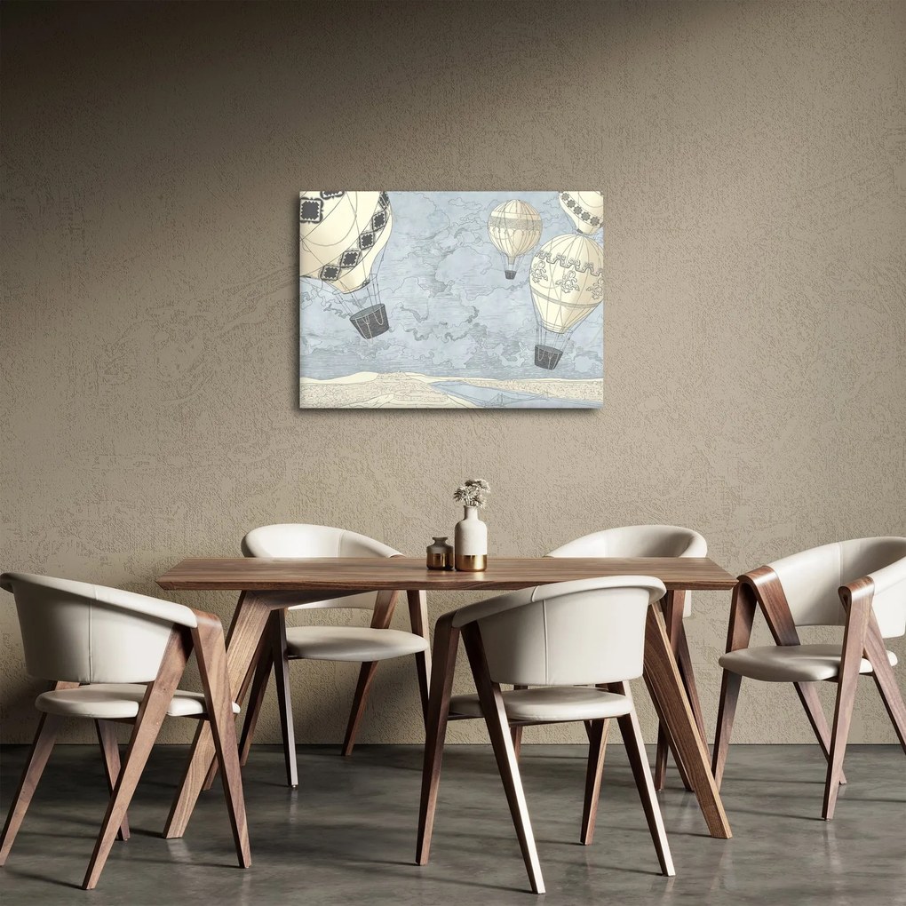 Obraz - Balony nad miastem, zimne odcienie (70x50 cm)