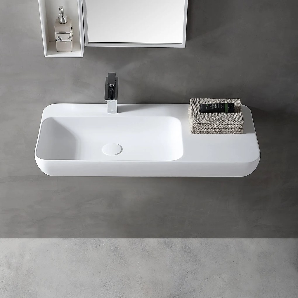 Umywalka ścienna nablatowa TWG202Odlew mineralny - Biały mat - 90 x 40 x 12 cm