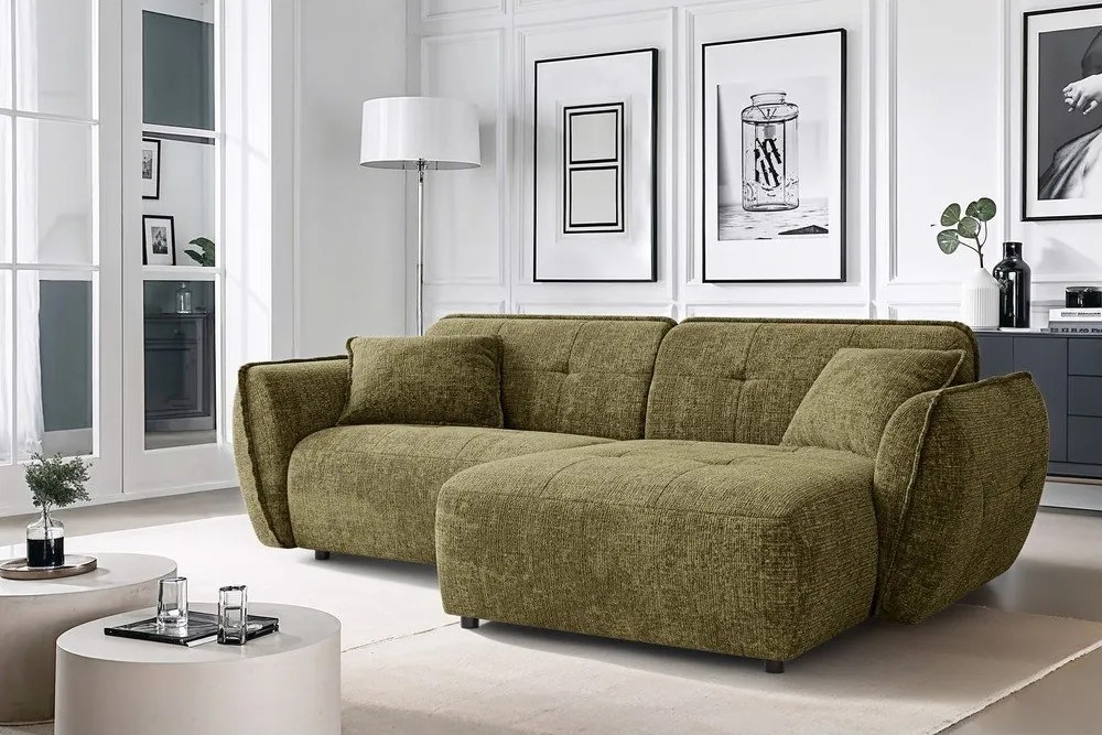 Zielony narożnik z tkaniny szenilowej (prawostronny/z szezlongiem) Nelia – Ropez