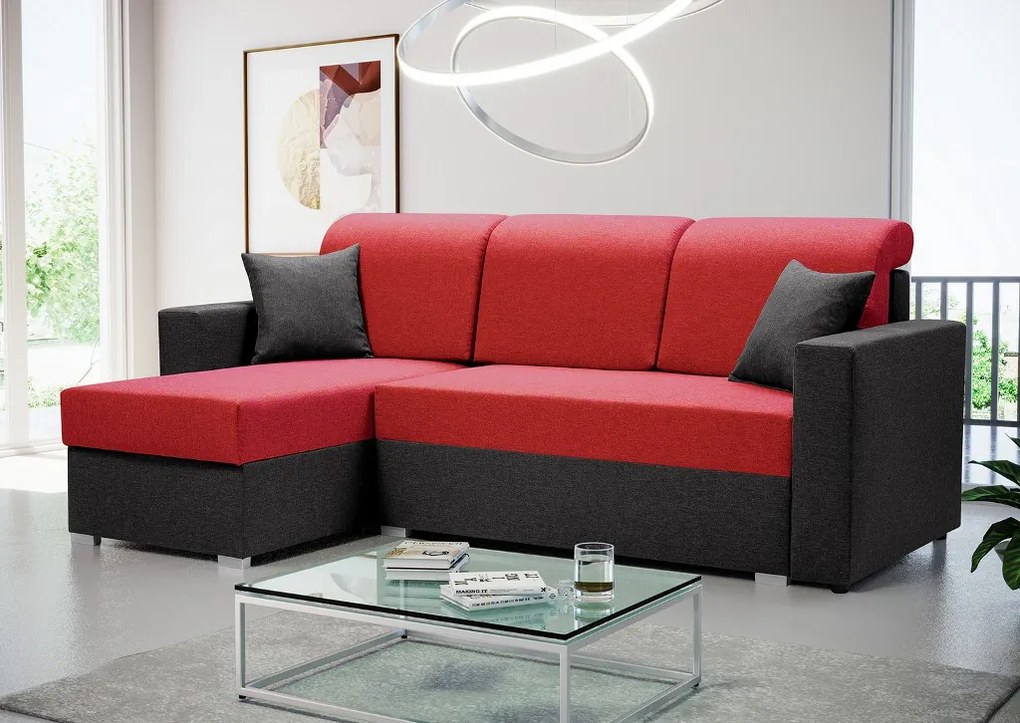 Sofa narożna z pojemnikiem na pościel i poduszkami dekoracyjnymi, fioletowo - szara, Marco