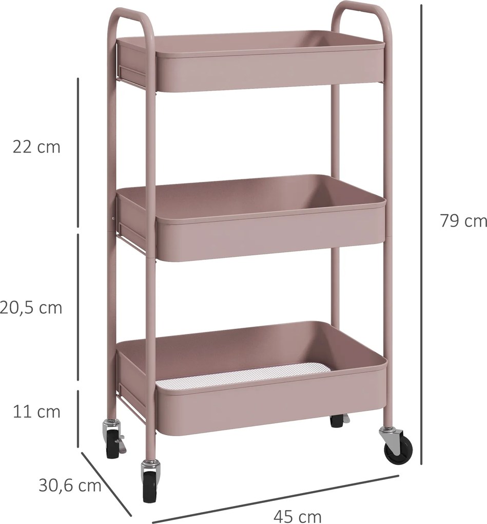 HOMCOM Wózek Wielofunkcyjny, Wózek Kuchenny, 3 Półki, 4 Kółka, 45 cm x 30,6 cm x 79 cm, Różowy