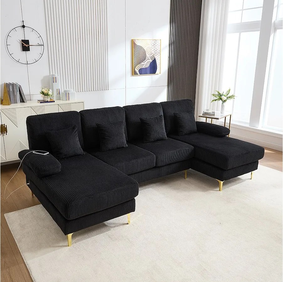 Aksamitna sofa narożna - Sofa narożna z oświetleniem LED i 4 poduszkami - port USB i podłokietniki - czarna