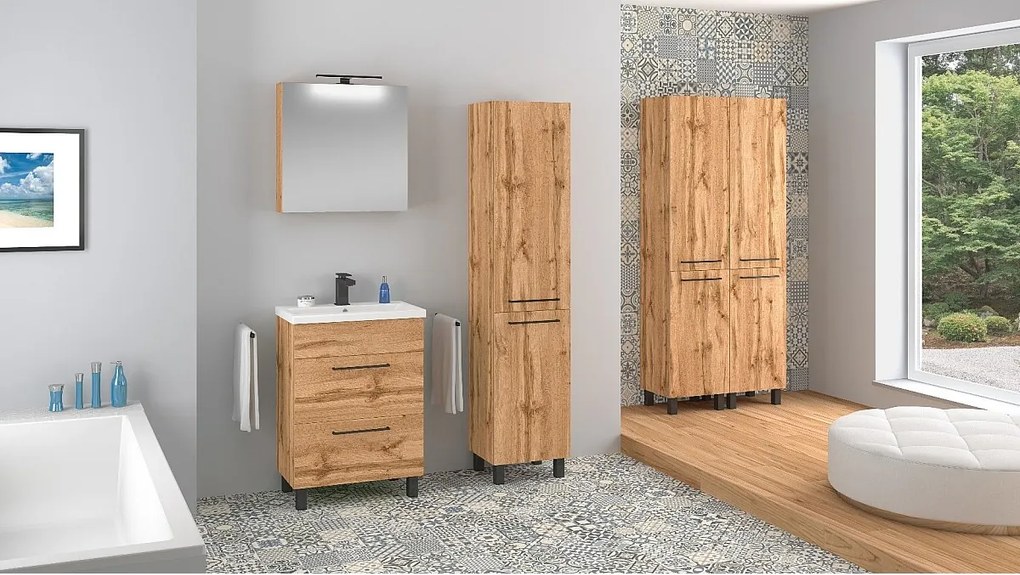 Zestaw Łazienkowy Stojący 60cm Szafka z Umywalką 2 Szuflady Dąb Wotan Sol