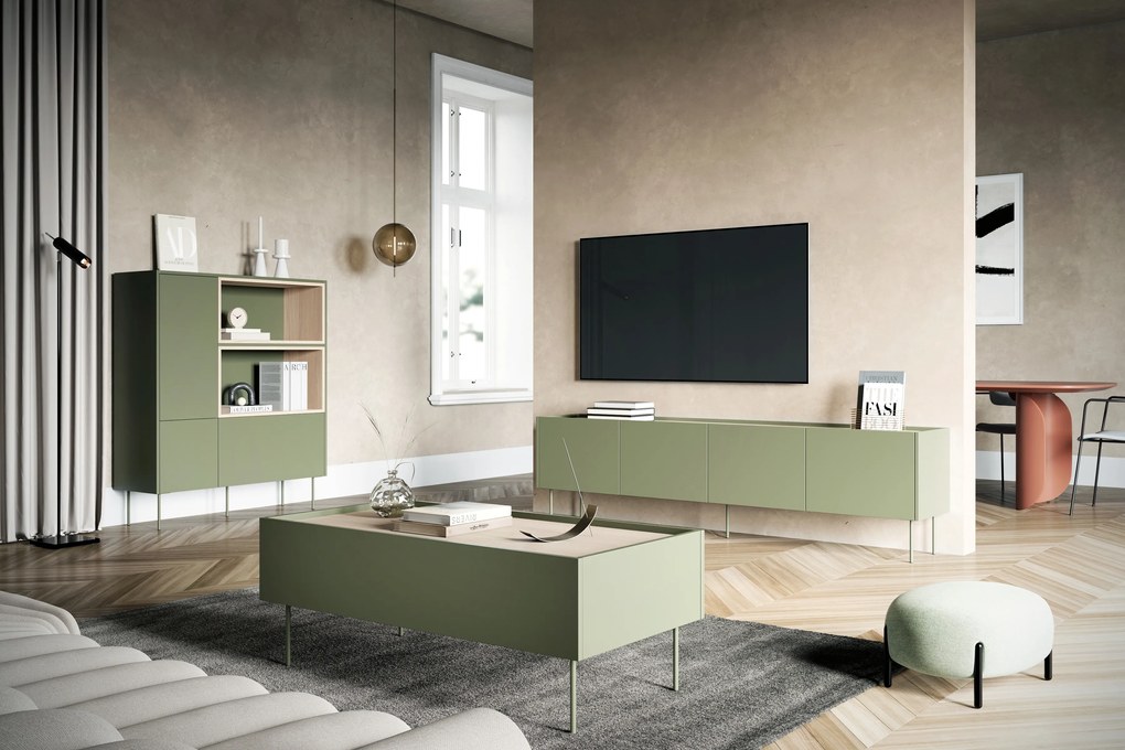 Komoda wysoka Desin 120 cm dwudrzwiowa z szufladą i wnękami - oliwka / dąb nagano