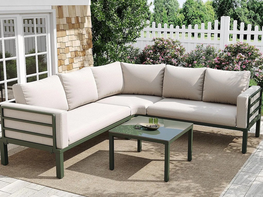 Zestaw mebli ogrodowych z ocynkowanej stali na 4 osoby - 2 sofy, 1 stół kawowy ze szkła hartowanego - z poduszkami - beżowy