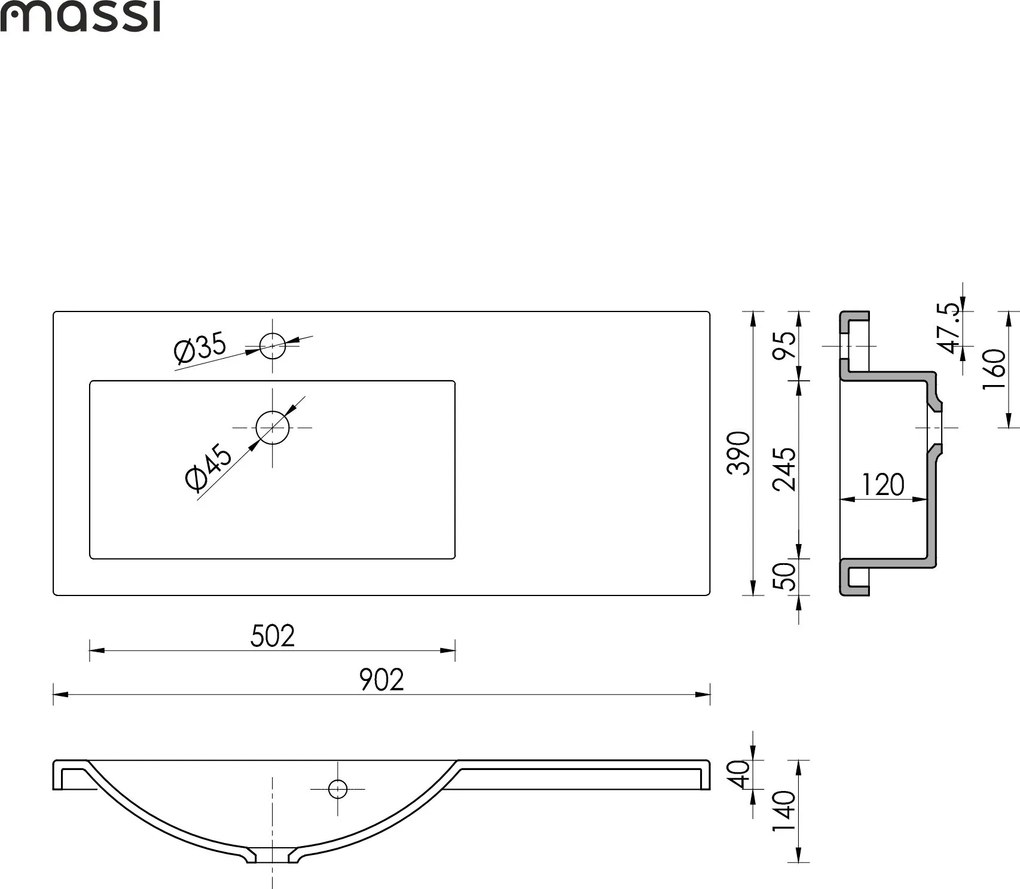 Umywalka wpuszczana w blat z konglomeratu WAVE 90 cm Lewa