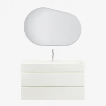 Zestaw Wiszących Mebli Łazienkowych Z Drewna I Forniru Jesionowego Zintegrowany Z Umywalką Ona Biała & Owalna Lampa Led - Sklum