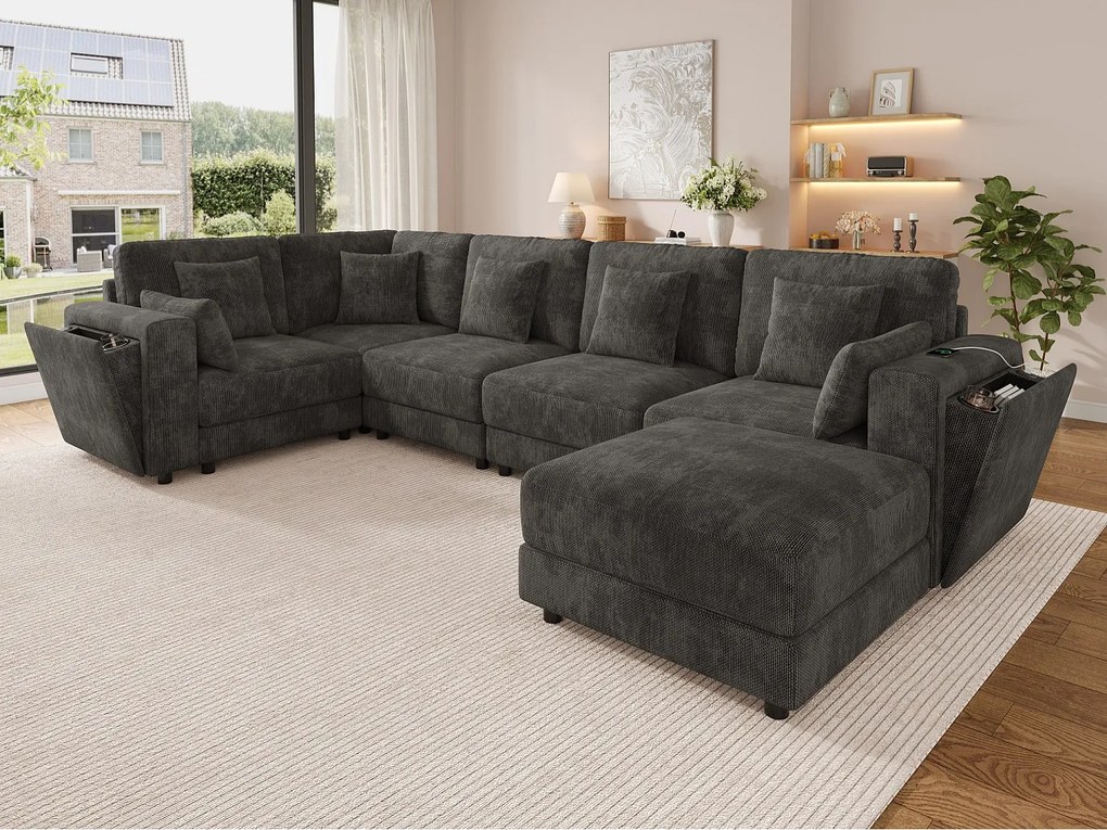 Nowoczesna sofa narożna 6-osobowa - design w kształcie L lub U - porty USB i Type-C - wbudowane uchwyty na kubki - przestrzeń do przechowywania - 7 poduszek - szary