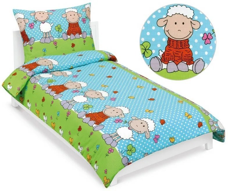 Bellatex Pościel dziecięca z krepy Sheepniebieska, 140 x 200, 70 x 90 cm