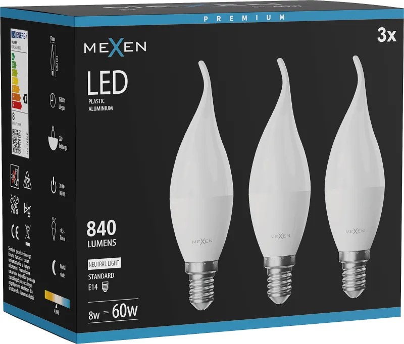Mexen Nova 3x żarówka LED płomyk E14, C37, 8W, Neutralna - 4000K, 840 lm - L106-E14-0840-01x03
