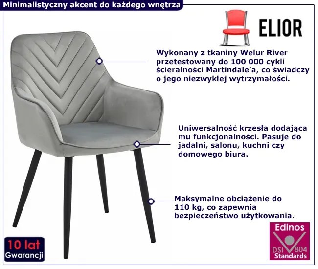 Welurowe popielate krzesło na czarnych nogach C6-P87