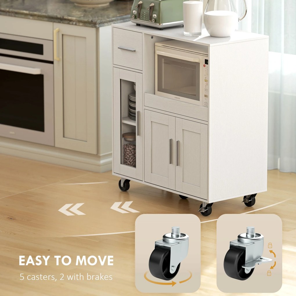 HOMCOM Szafka kuchenna na kółkach, mobilna komoda kuchenna z półkami, szufladami, regulowaną półką, otworem na kabel, biały