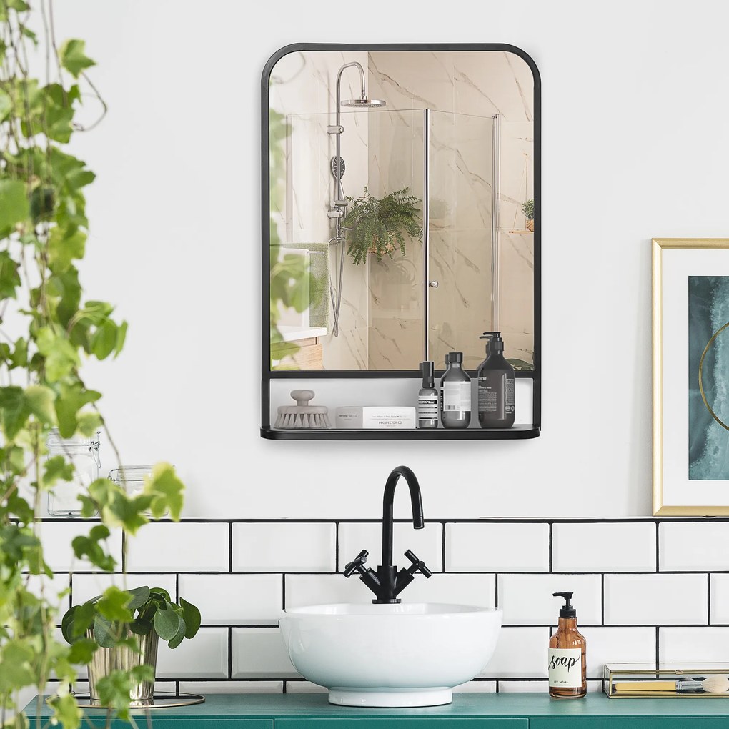 HOMCOM Lustro Ścienne z Półką 70x50 Metal Czarny Srebrne Zaokrąglone Krawędzie Stylowe | Aosom PL