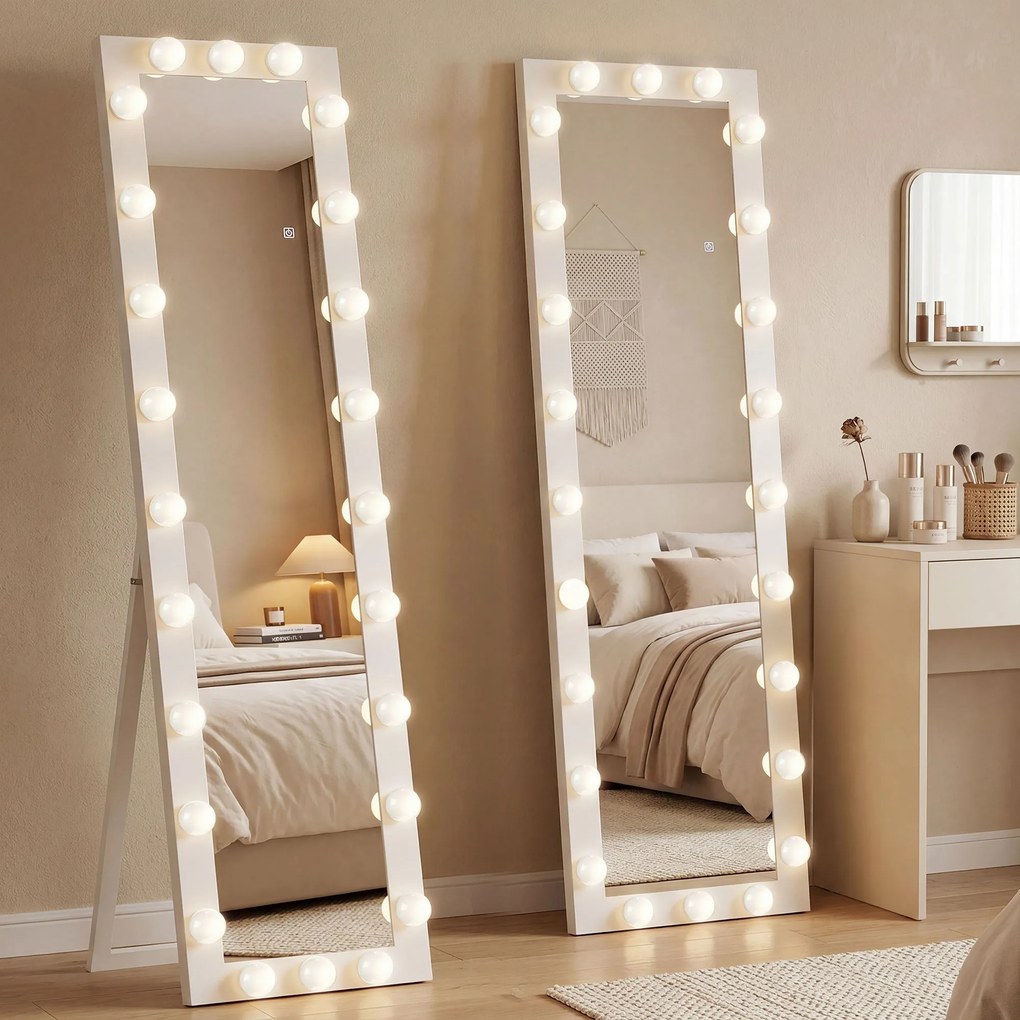 HOMCOM Lustro całopostaci 150x40 cm Lustro LED z 24 żarówkami 3 barwy światła, wolnostojące, do oparcia lub montażu na ścianie Biały | Aosom PL