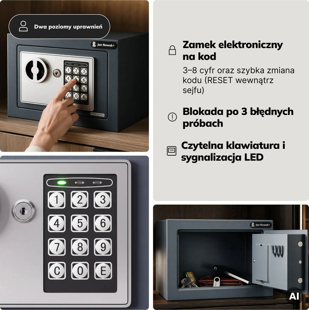 Mini sejf domowy elektroniczny na kod, na pieniądze i biżuterię, 230x170x170 mm: HECTOR