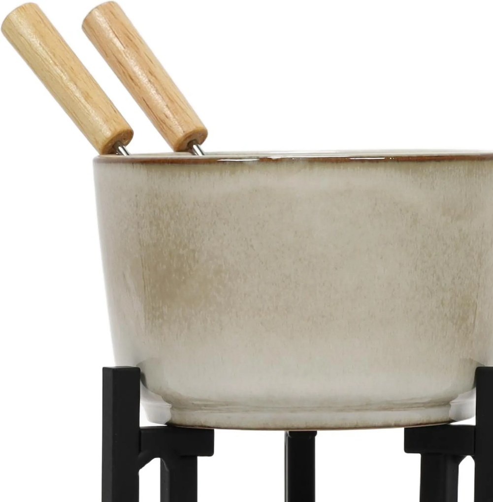 Zestaw do fondue serowego, rondelek z porcelany, 2 widelce