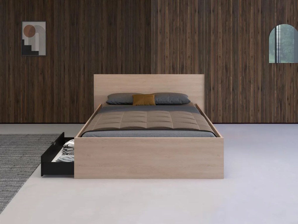 Łóżko z 2 szufladami - 140 x 190 cm - Kolor: Naturalny i czarny - VELONA