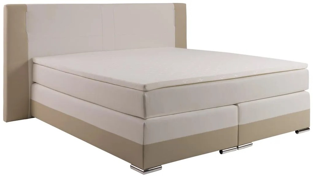 Zestaw łóżko kontynentalne z zagłówkiem i oświetleniem LED + stelaże + materac + nakładka na materac - 200 x 200 cm - Ekoskóra - Kremowy i biały - ASTI marki DREAMEA