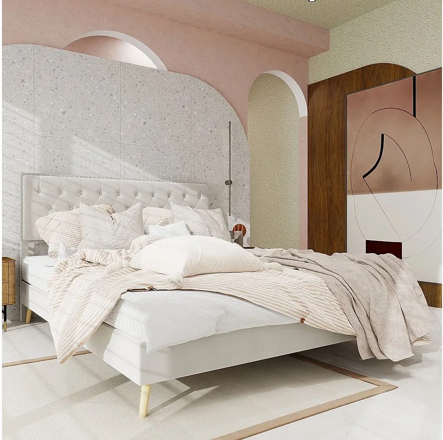 Łóżko dla dorosłych 160 x 200 cm - Łóżko małżeńskie z miękkim zagłówkiem i drewnianymi nogami - welur beżowy - bez materaca