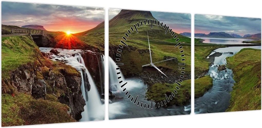 Obraz - Kirkjufell o zachodzie słońca (z zegarem) (90x30 cm)