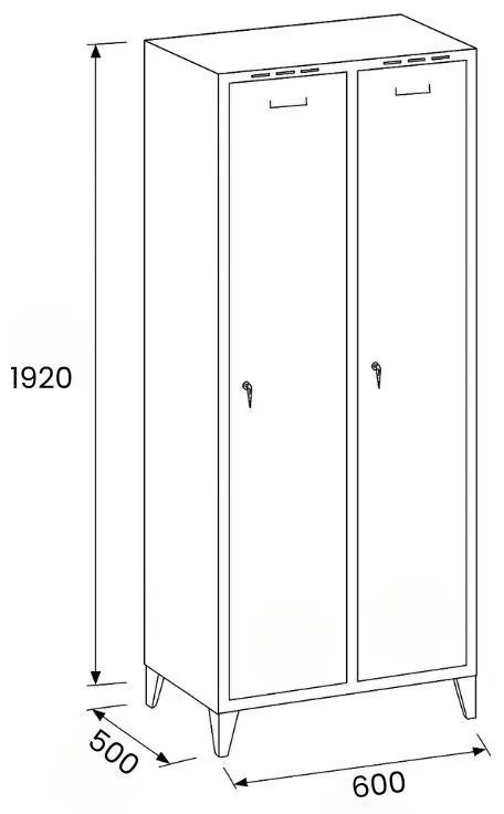 Metalowa szafka ubraniowa na nogach, 2-drzwiowa, 1920 x 600 x 500 mm, zamek cylindryczny, drzwi szare