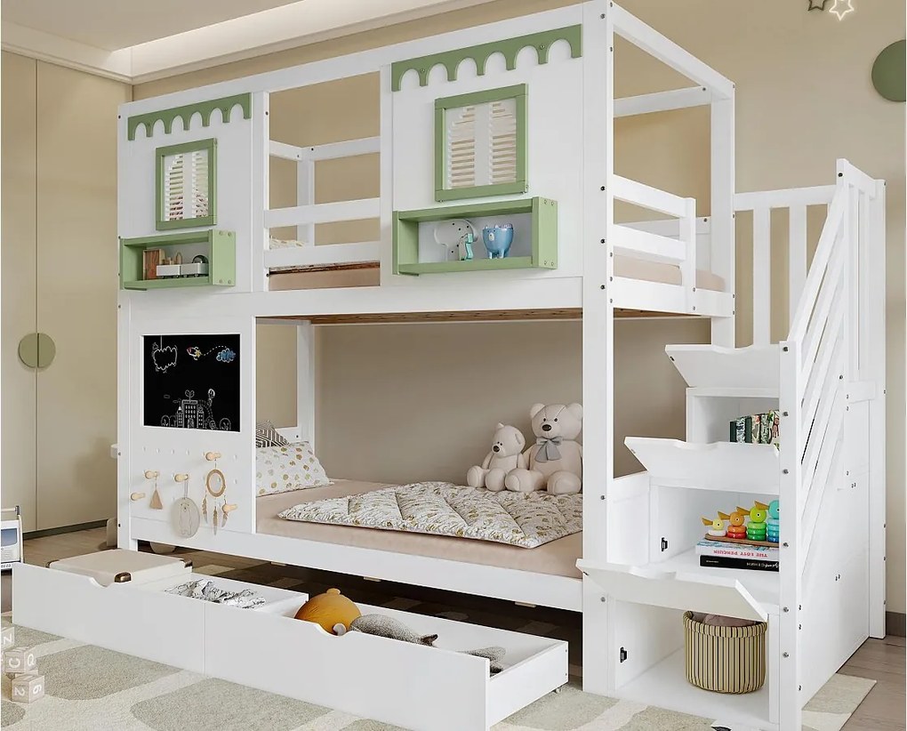 Łóżko piętrowe dla dzieci 90x200 cm - z drabiną z pojemnikami - z tablicą i panelem perforowanym - z 2 szufladami - biały + zielony​ (bez materaca)